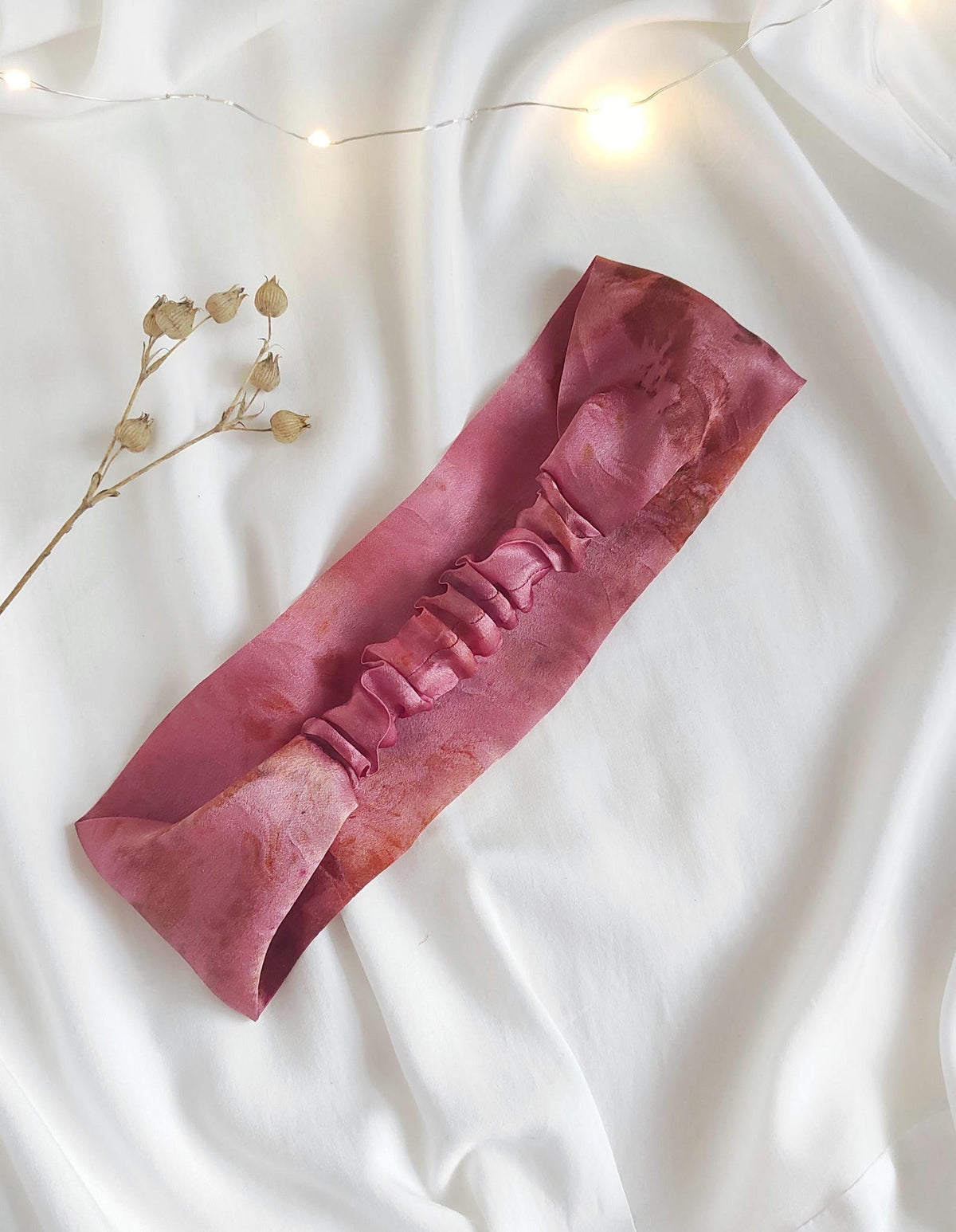 Natural print dyed silk Headband wide, Dyed organic silk hair band in tone pink, Pure silk elastic hairband for winter
