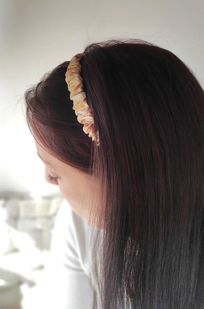 Botanical Print Silk Headband, Yellow organic Hair Elastic, Plant dyed thin headband for curly hair