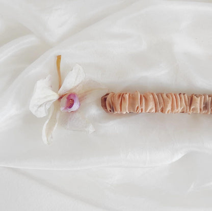 Organic silk headband with leaf natural print, Botanically dyed thin headband light orange color, Ecofriendly stretchy hairband gift for her