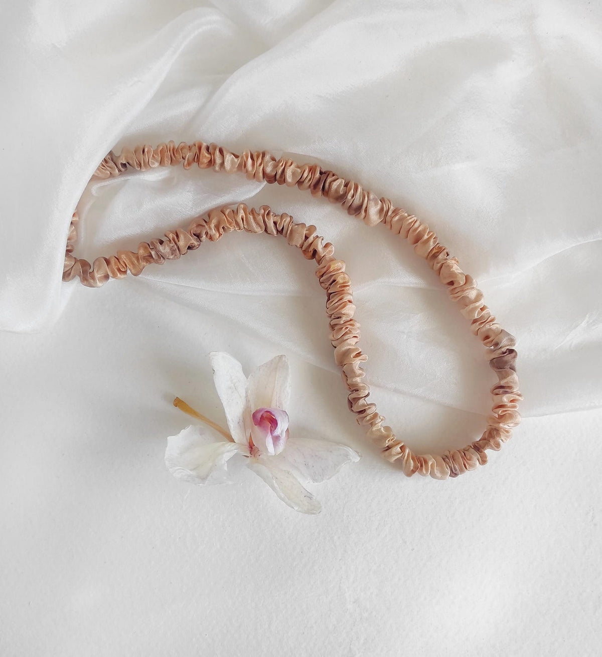 Organic silk headband with leaf natural print, Botanically dyed thin headband light orange color, Ecofriendly stretchy hairband gift for her