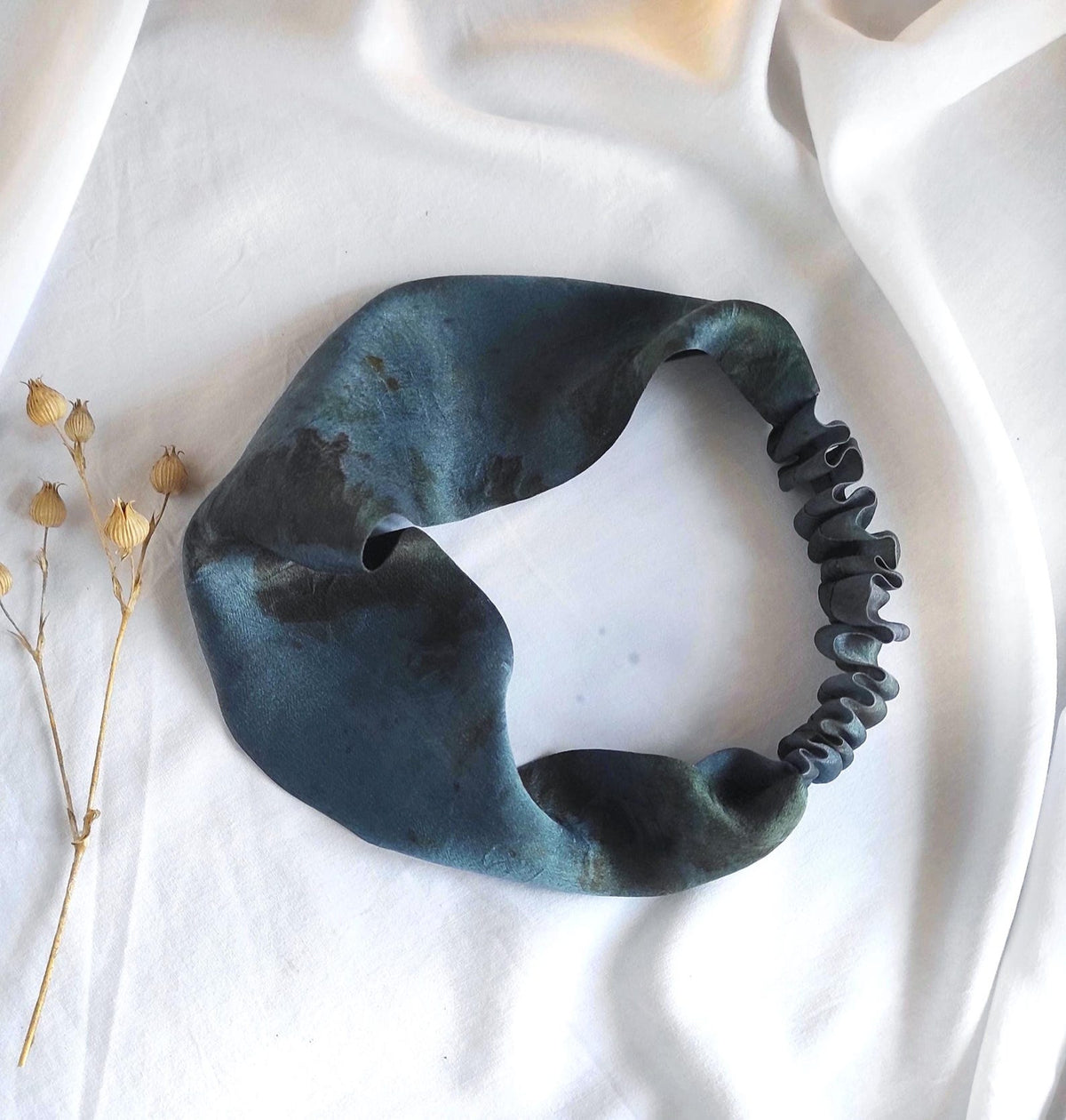 Natural Dyed Silk Headband, Copper Blue Floral Print Turban, Wide Hair Band