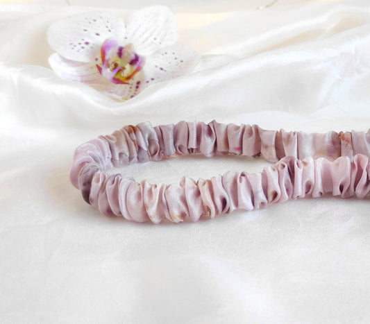 Lilac plant dyed silk headband, Elastic boho hair band, Natural Eco-print Accessory
