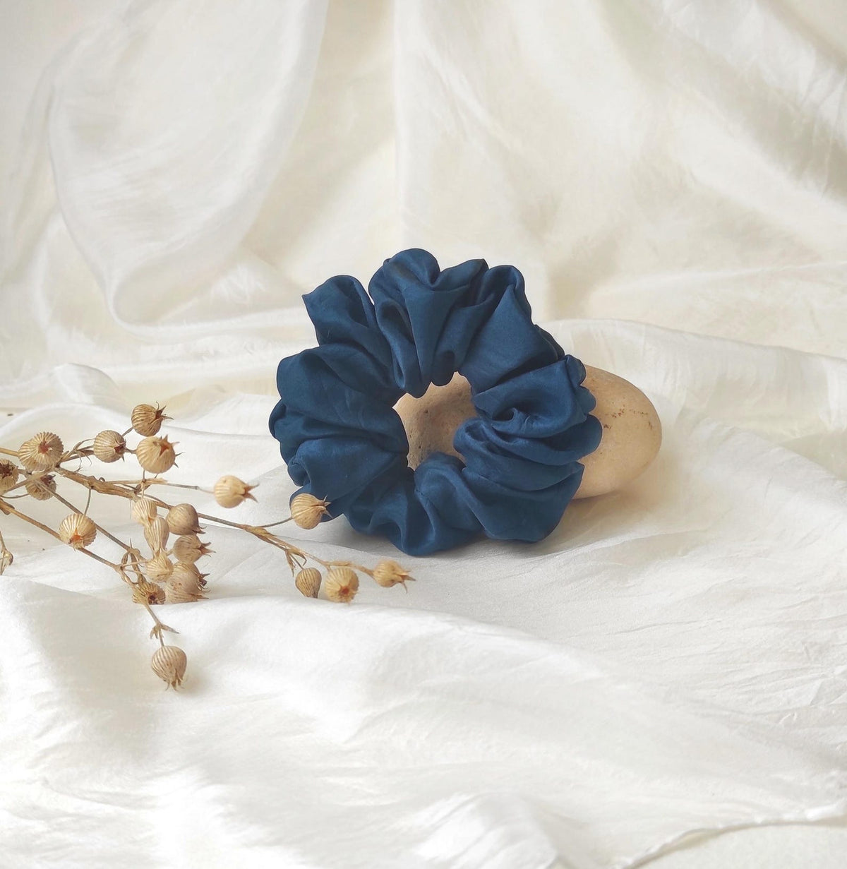 Organic Plant Dyed Silk Scrunchie, Dark Blue Boho Hair Tie, Eco-Friendly Botanical Dye elastic