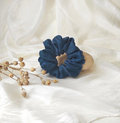 Organic Plant Dyed Silk Scrunchie, Dark Blue Boho Hair Tie, Eco-Friendly Botanical Dye elastic