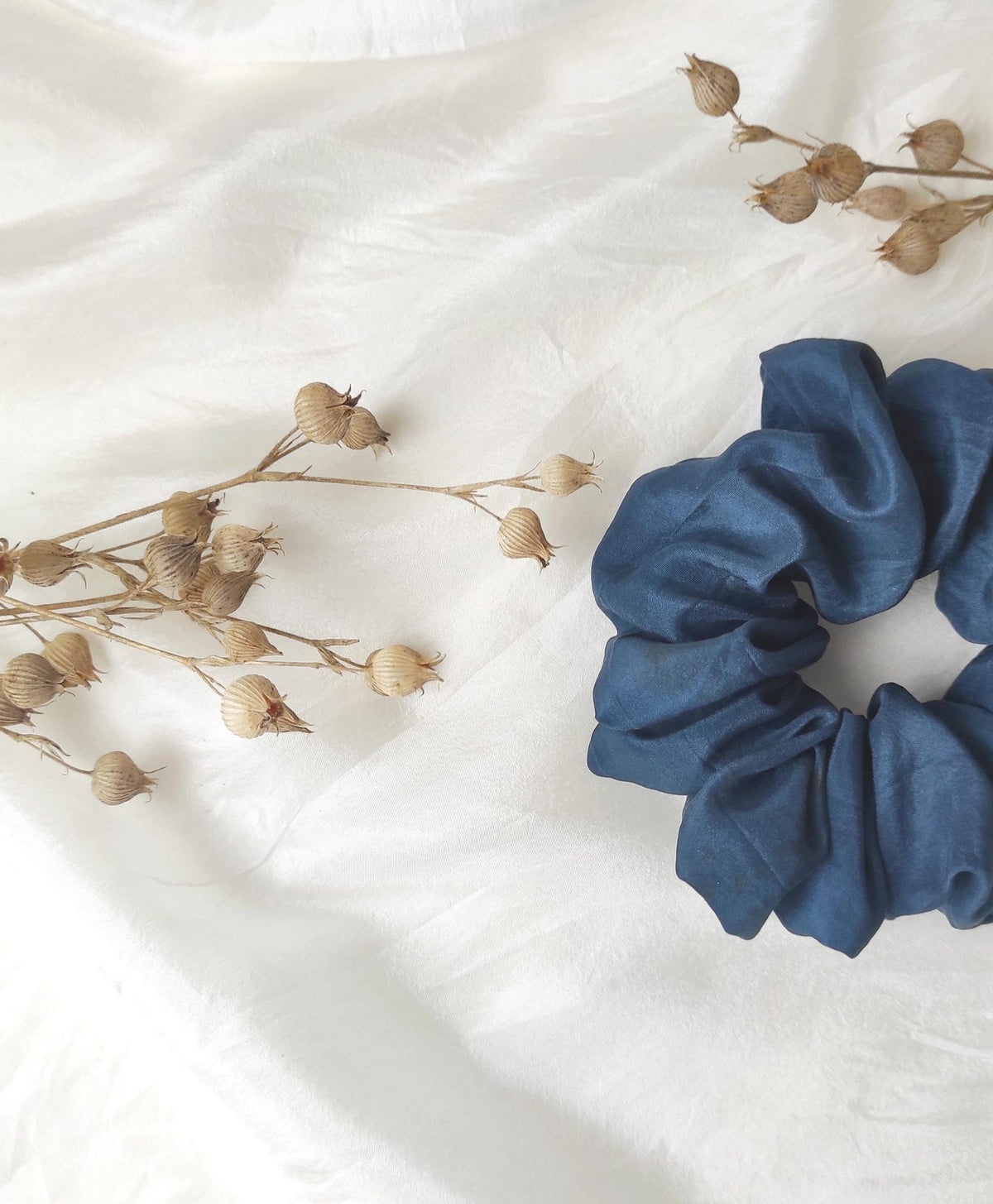 Organic Plant Dyed Silk Scrunchie, Dark Blue Boho Hair Tie, Eco-Friendly Botanical Dye elastic
