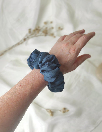 Organic Plant Dyed Silk Scrunchie, Dark Blue Boho Hair Tie, Eco-Friendly Botanical Dye elastic