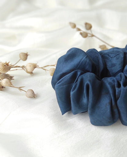 Organic Plant Dyed Silk Scrunchie, Dark Blue Boho Hair Tie, Eco-Friendly Botanical Dye elastic