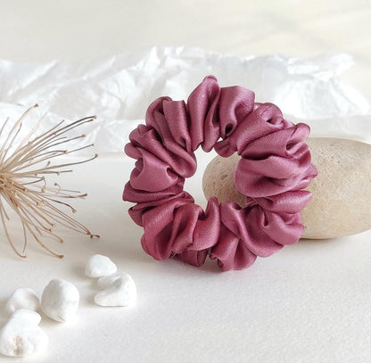 Hand Dyed Mulberry Silk Scrunchie, Medium Mauve Botanical Hair Tie, Gentle Elastic