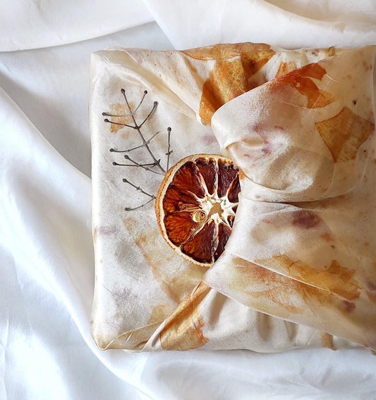 Ivory Botanical Silk Scarf, Hand-Dyed Plant Print Boho Bandana for Women