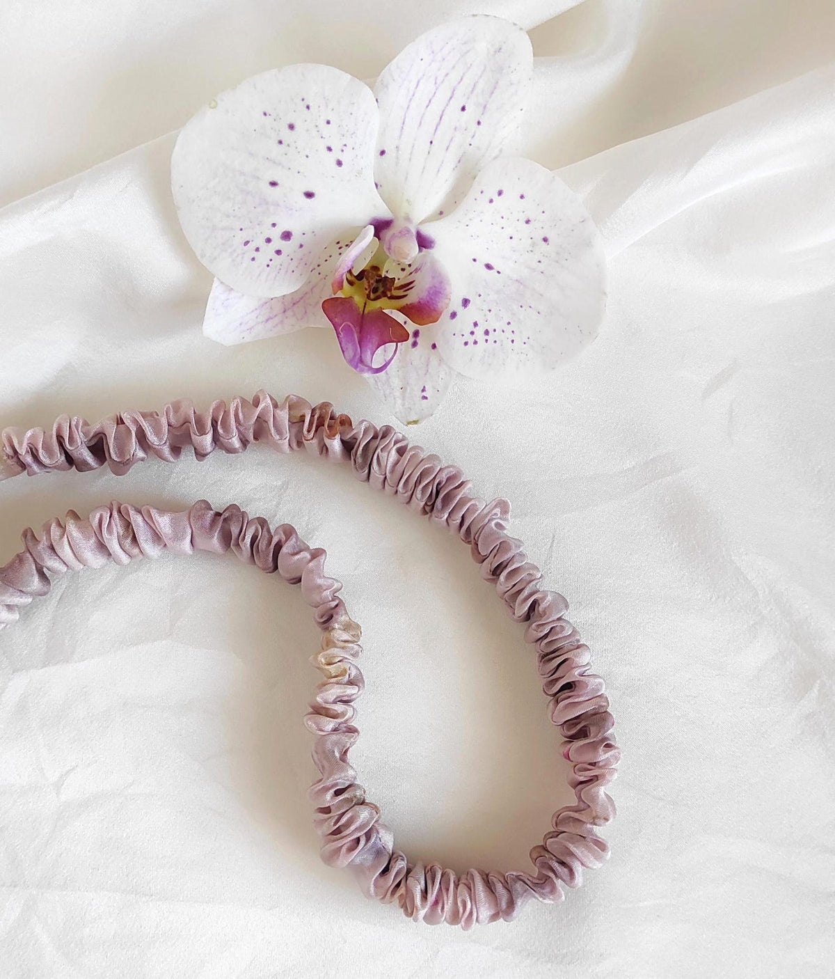Lilac plant dyed silk headband, Elastic boho hair band, Natural Eco-print Accessory