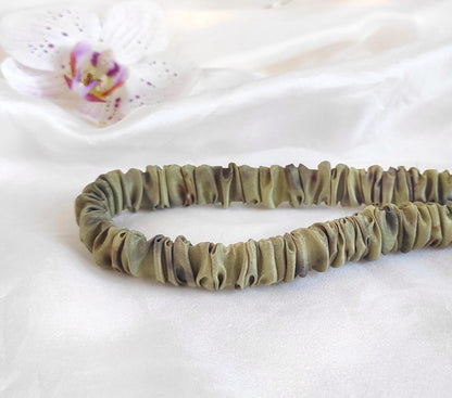 Botanically Dyed Mulberry Silk Headband, Eco-Print Floral Hair Elastic, Sustainable Organic Band