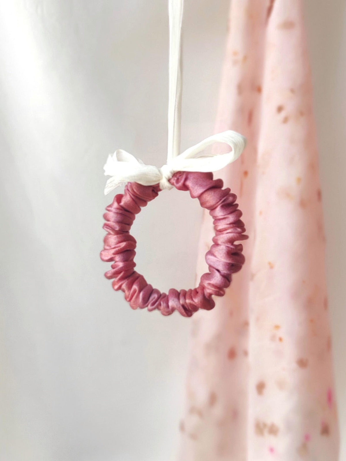 Plant dyed satin silk scrunchy, Pink color hair tie, Natural Print organic hair elastic for sister