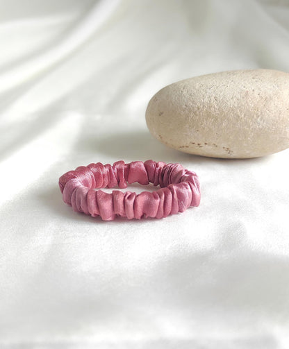 Plant dyed satin silk scrunchy, Pink color hair tie, Natural Print organic hair elastic for sister