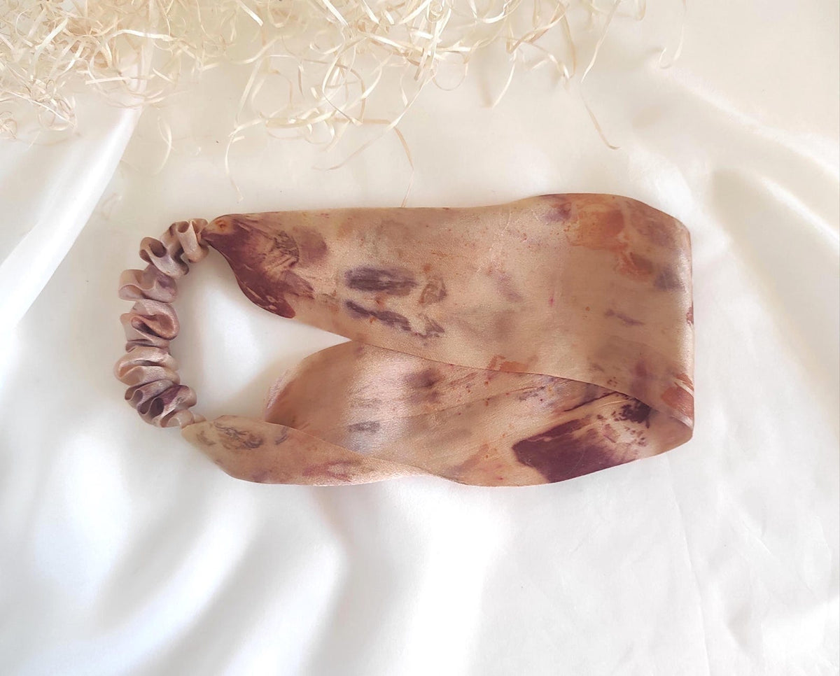 Handmade headband in nude, naturally dyed real silk hairband with a natural print, natural organic wide stretchy turban for her