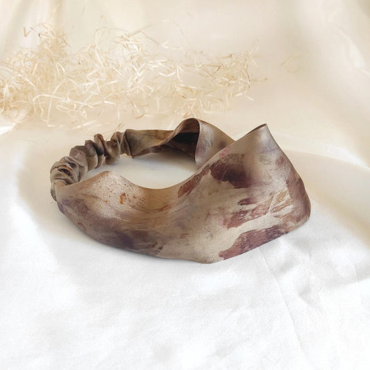 Pure silk headband in brown, Natural print hair band elastic, Plant dyed sustainable band, Organic wide headband for winter gift