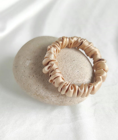 Natural plant dyed organic scrunchie, Light brown silk satin hair tie, Slim sustainable hair elastic for curly hair