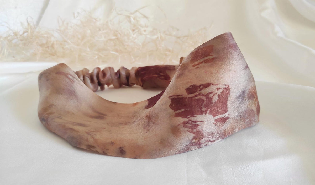 Handmade Real Silk Headband, Botanically Dyed Floral Print, Wide Stretchy Hair Band