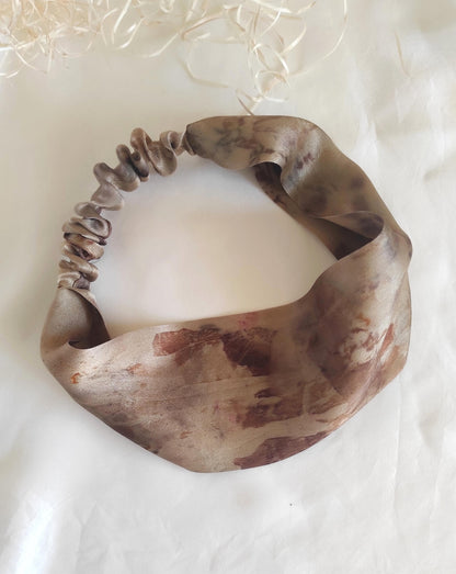 Pure silk headband in brown, Natural print hair band elastic, Plant dyed sustainable band, Organic wide headband for winter gift