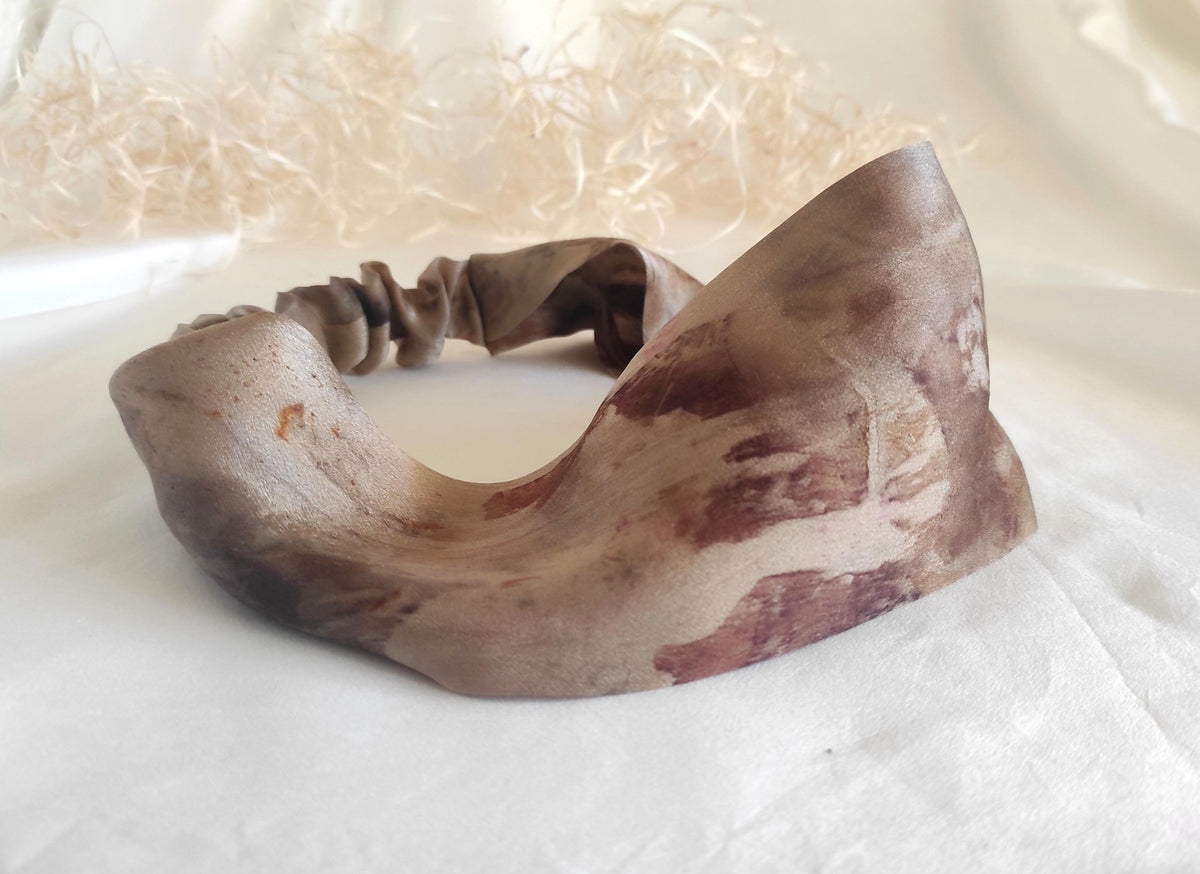 Pure silk headband in brown, Natural print hair band elastic, Plant dyed sustainable band, Organic wide headband for winter gift