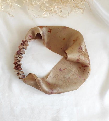 Real satin silk headband in tone bronze, Plant dyed organic turban hair band, Botanically print dyed hair elastic