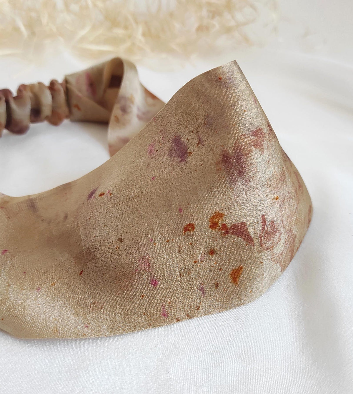 Real satin silk headband in tone bronze, Plant dyed organic turban hair band, Botanically print dyed hair elastic