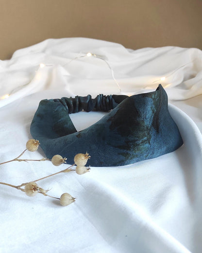 Natural dyed silk headband in copper blue floral leaf print, Handmade wide turban for her, Dyed silk hair band sustainable woman
