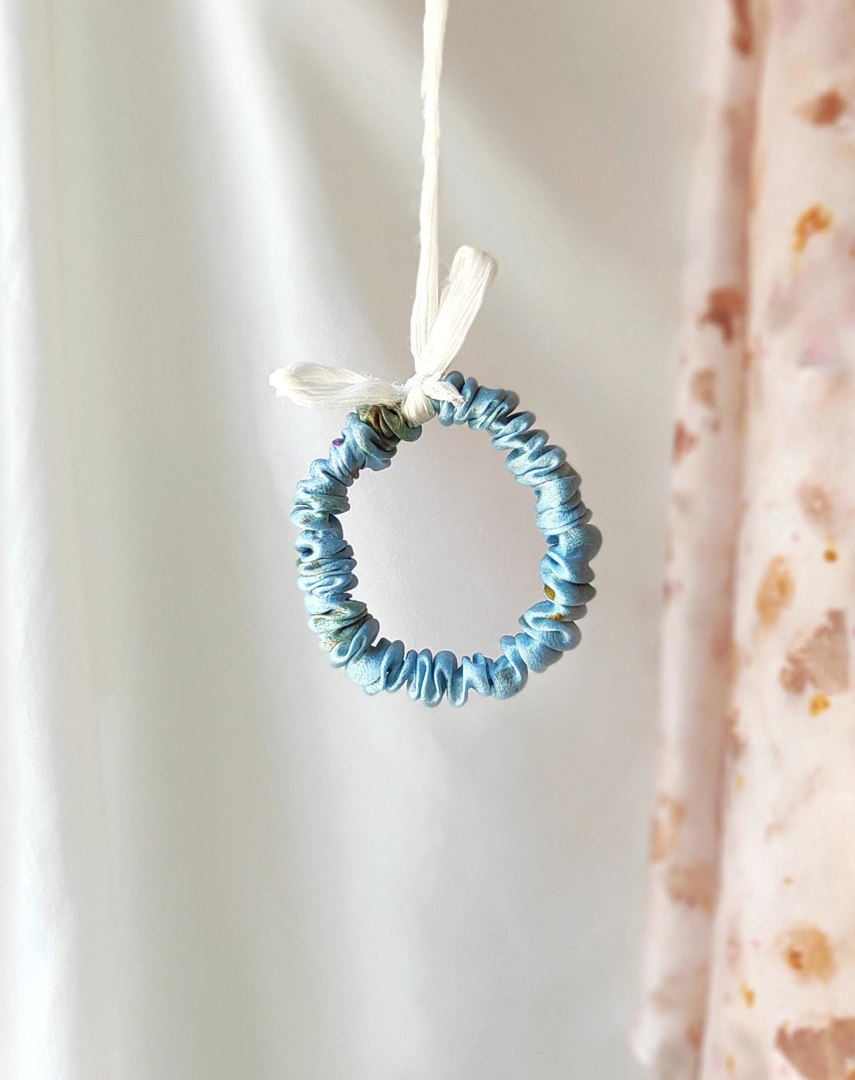 Hand Dyed Mulberry Silk Scrunchie, Sky Blue Organic Hair Tie for curly hair