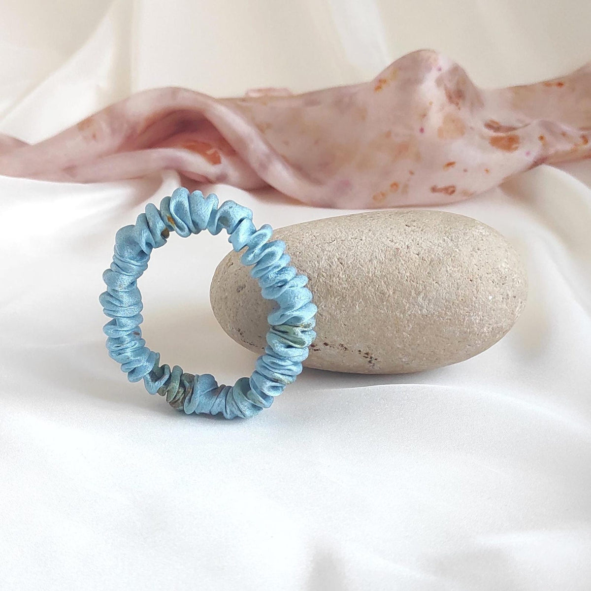 Hand Dyed Mulberry Silk Scrunchie, Sky Blue Organic Hair Tie for curly hair