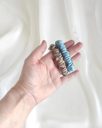 Hand Dyed Mulberry Silk Scrunchie, Sky Blue Organic Hair Tie for curly hair