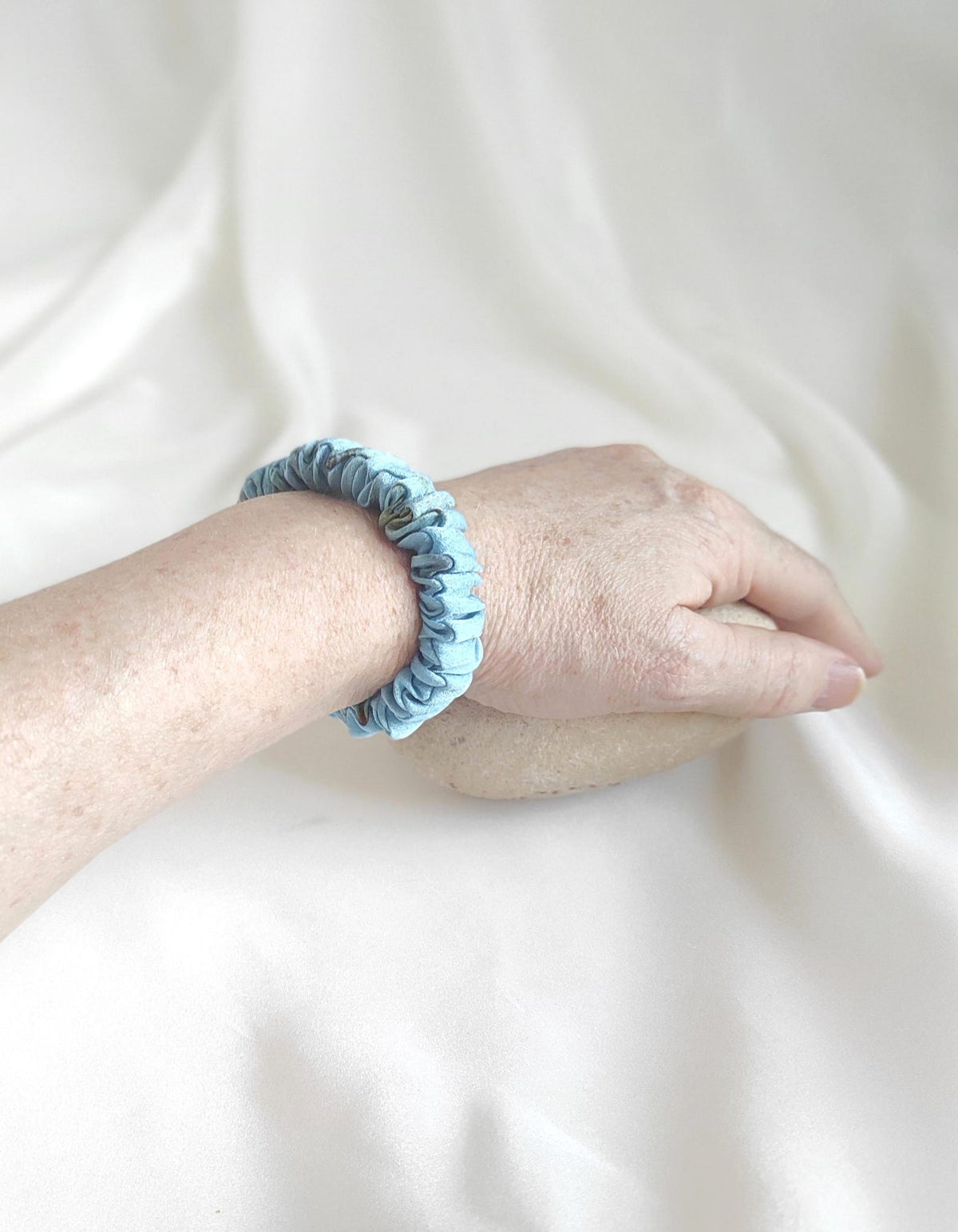 Hand Dyed Mulberry Silk Scrunchie, Sky Blue Organic Hair Tie for curly hair