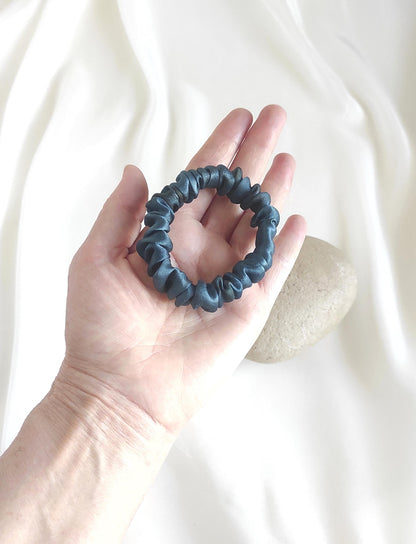 Plant dyed thin silk scrunchie, Natural scrunchy patina blue, Organic hair elastic for travel