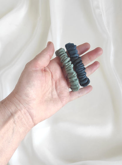 Plant dyed thin silk scrunchie, Natural scrunchy patina blue, Organic hair elastic for travel