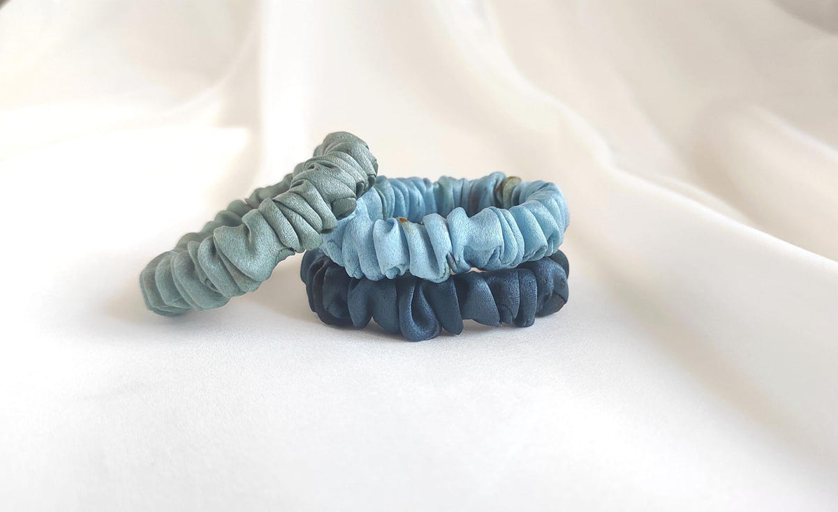 Plant dyed thin silk scrunchie, Natural scrunchy patina blue, Organic hair elastic for travel