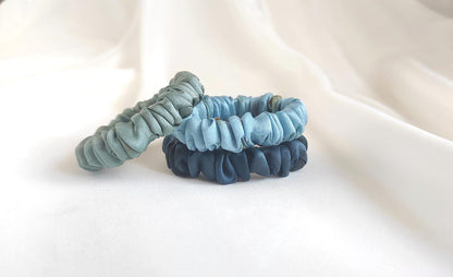Plant dyed thin silk scrunchie, Natural scrunchy patina blue, Organic hair elastic for travel