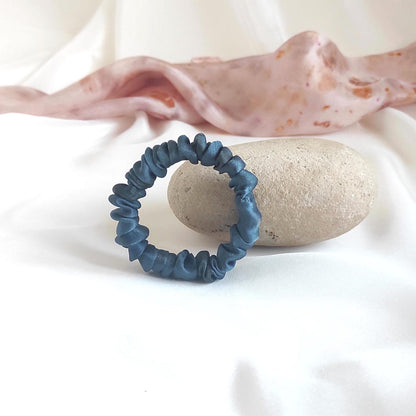 Plant dyed thin silk scrunchie, Natural scrunchy patina blue, Organic hair elastic for travel